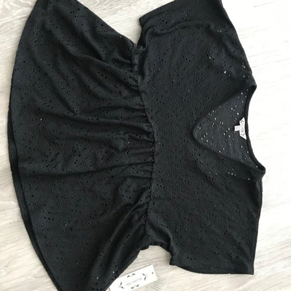 Nanette Lepore Eyelet Peplum Top Black Embroidered V Neck Short Sleeve XS NWT